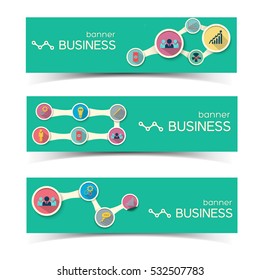 Abstract business horizontal banners set with diagrams circles flow and flat icons on green background vector illustration