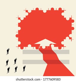 Resumen de ideas de negocios. La flecha apunta a la ventana creativa, la gente mira a través de binoculares, estilo minimalista. Ilustración vectorial.