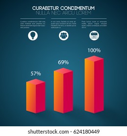 Abstract business infographic concept with 3d square columns three options icons and percent rates isolated vector illustration