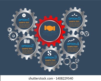 Abstract business infographic template with 5 gears and cogwheel diagrams in dark blue color background