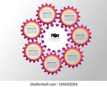 Abstract business infographic template with 7 gears and cogwheel diagrams in dark blue color background