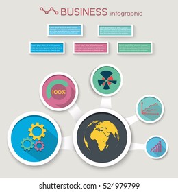 Abstract business infographic template with circles diagram text rectangles and icons in flat style isolated vector illustration