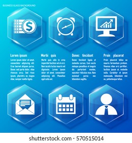 Abstract business infographic template with text glass hexagons and white icons on blue background vector illustration