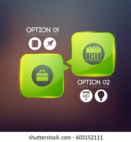Abstract business infographic template with two green glossy round squares and icons on blurred background vector illustration