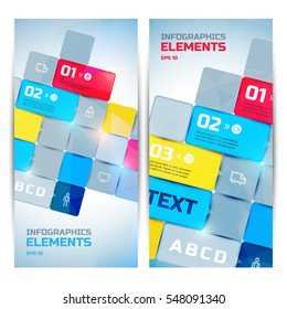 Abstract business infographic vertical banners with colorful light bricks text three steps icons vector illustration