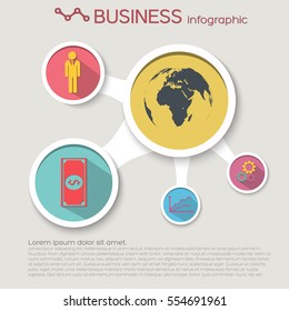 Abstract business infographics with circles diagram and world map businessman money graph gears icons isolated vector illustration