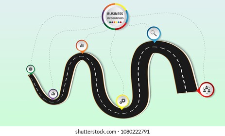 Abstract business infographics in the form of an automobile road with road markings, markers, icons and text. EPS 10.