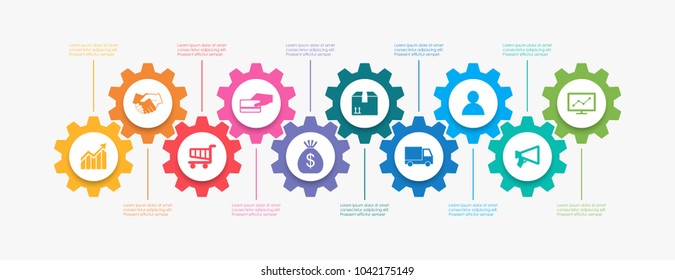 Abstract business infographics template with 10 gears and cogwheel diagrams in white color background