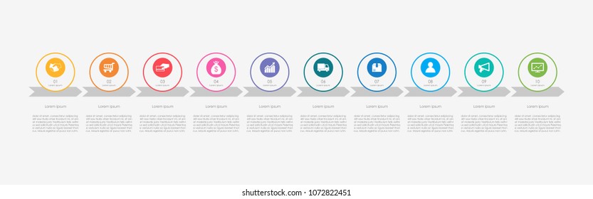 Abstract business infographics template with 10 circles on timeline diagrams in white color background