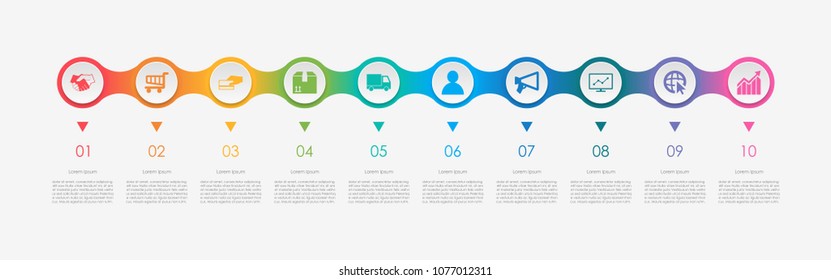 Abstract business infographics template with 10 circles on timeline diagrams in white color background
