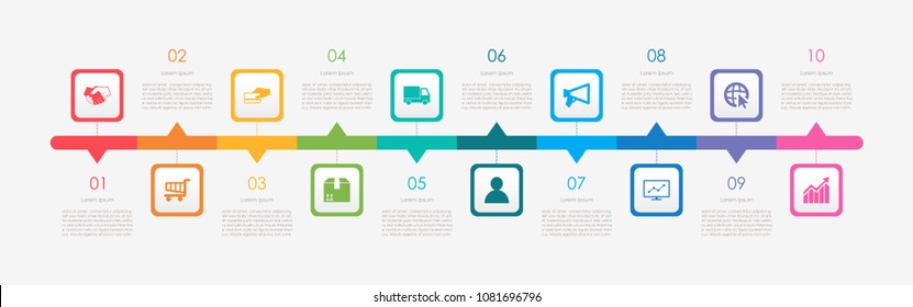 Abstract business infographics template with 10 squares on timeline diagrams in white color background