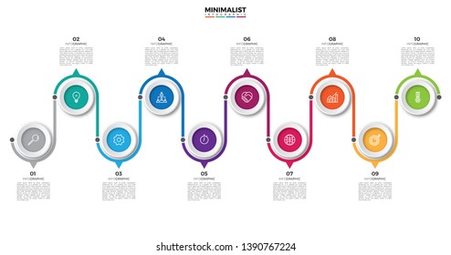 Abstract business infographics template with 10 circles on timeline diagrams in white color background. Business timeline workflow infographics. Corporate milestones graphic elements.