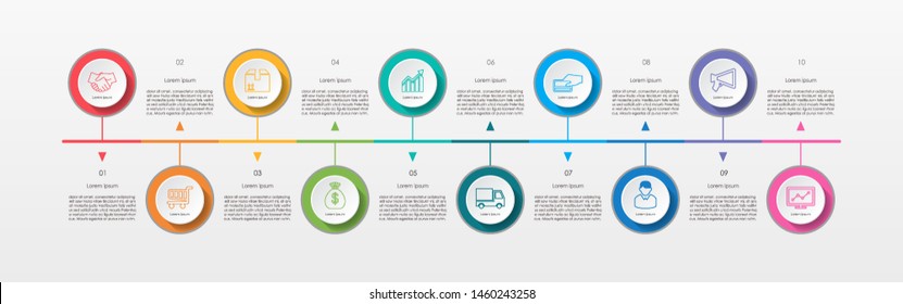 Abstract Business Infographics Template With 10 Circles On Timeline Diagrams In White Color Background