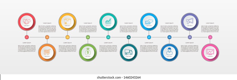 Abstract business infographics template with 10 circles on timeline diagrams in white color background