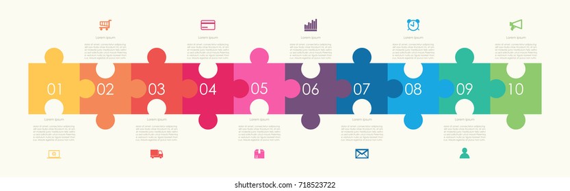 Abstract business infographics template with 10 puzzle on timeline diagrams in yellow color background