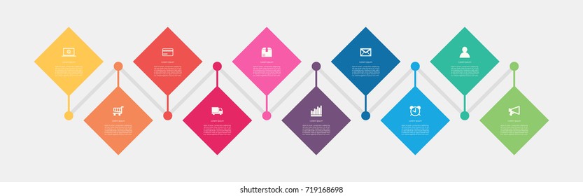 Abstract business infographics template with 10 square box and timeline diagrams in yellow color background