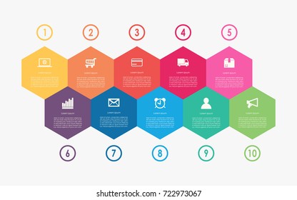 Abstract business infographics template with 10 hexagon box diagrams in white color background