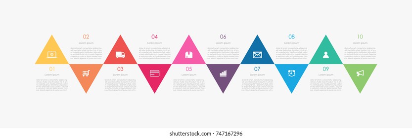 Abstract business infographics template with 10 triangle box and timeline diagrams in white color background