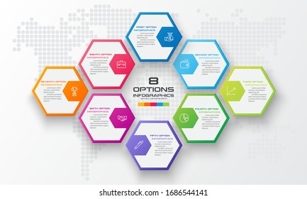 Abstract business infographics template with 8 hexagon in white color background