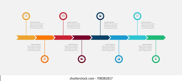 Abstract business infographics template with eight timeline arrows diagrams on white color background