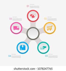 Abstract business infographics template with five circle diagrams on white color background