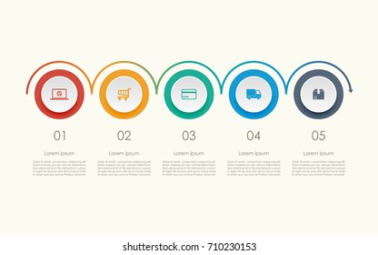 Abstract business infographics template with five circles on timeline diagrams in yellow color background