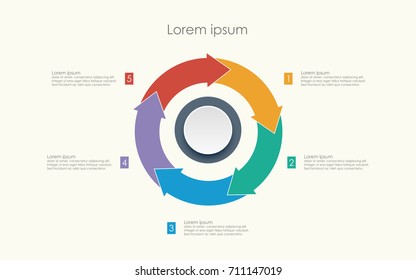 Abstract business infographics template with five circle arrows diagrams on yellow color background