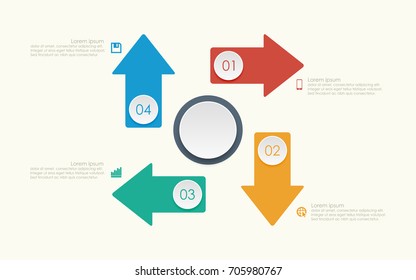 Abstract business infographics template with four arrow around circle diagrams on yellow color background