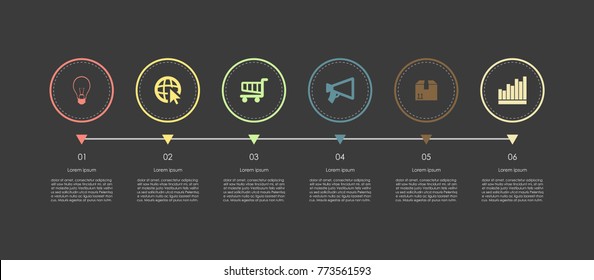 Abstract business infographics template with six circles timeline diagrams on black color background