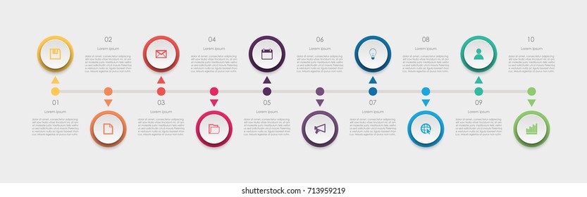 Abstract business infographics template with ten timeline circle diagrams on white color background