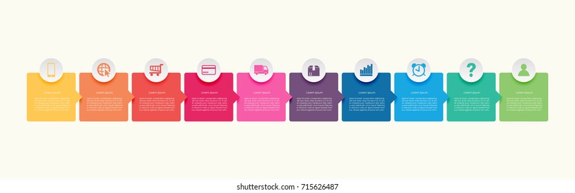 Abstract business infographics template with ten timeline arrows box diagrams on yellow color background