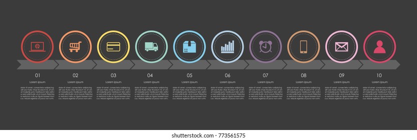 Abstract business infographics template with ten circle and timeline arrows diagrams on black color background
