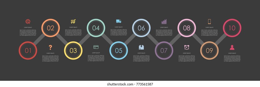 Abstract business infographics template with ten circles on timeline diagrams in black color background