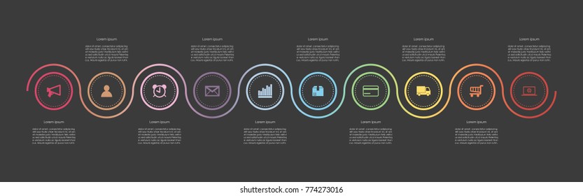 Abstract business infographics template with ten circles timeline diagrams on black color background