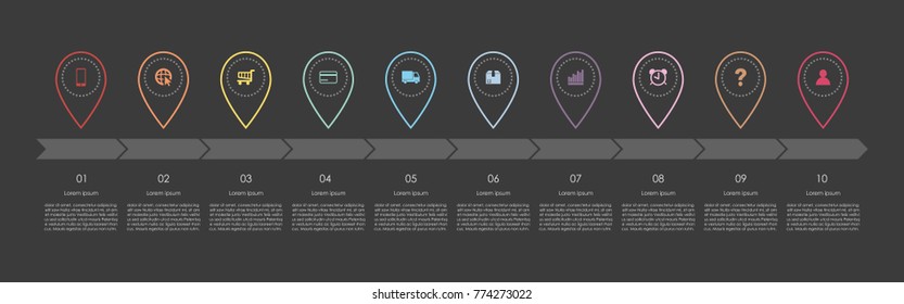 Abstract business infographics template with ten timeline arrows and map pins diagrams on black color background