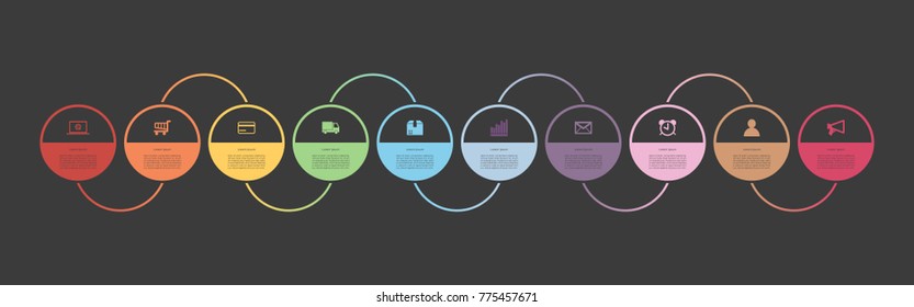 Abstract business infographics template with ten circles timeline diagrams on black color background