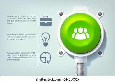 Abstract business infographics with text icons and green round button on metal pole isolated vector illustration