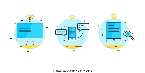 Abstract business line art icon composition set. Computer, smartphone and tablet with messages, ideas, chat, mail, internet icons
