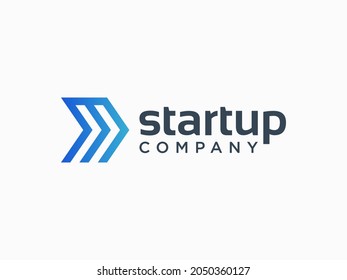 Abstract Business Logo. Blue  Geometric Double Arrow Origami Initial Letter M isolated on White Background. Flat Vector Logo Design Template Element.