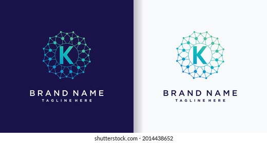 Resumen de la tecnología de diseño del logotipo de negocios letra inicial k con el estilo de línea y punto