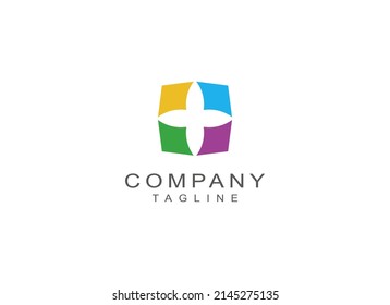 Abstraktes Firmenlogo. Geometrisches Shape-Fenster und Medical-Cross-Symbol einzeln auf weißem Hintergrund. Für das Logo für Medic, Business und Branding geeignet. Flaches Vectordesign-Vorlagenelement