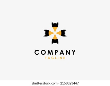 Abstraktes Firmenlogo. Geometrisches Formkreuz mit Flechtsymbol einzeln auf grauem Hintergrund.  Für Unternehmens- und Branding-Logos geeignet. Flaches Vectordesign-Vorlagenelement. 