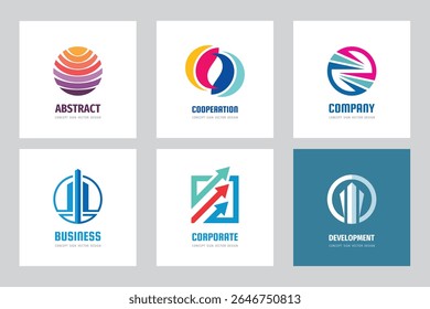 Ilustración vectorial Abstractas del sistema del logotipo del negocio. Concepto de estrategia de éxito empresarial colección de signos. Símbolos de desarrollo. Iconos de comunicación. Elementos de Diseño gráfico.	