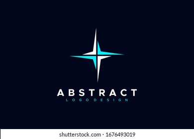 Logotipo comercial abstracto. Signo cruzado de flecha estrella aislado en fondo azul oscuro. Elemento de plantilla de diseño de logotipo de vectores planos.