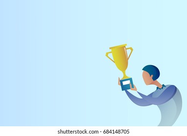 Abstract Business Man Hold Prize Winner Cup, Success Concept Vector Illustration