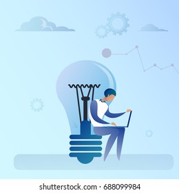 Abstract Business Man Sitting Light Bulb Working Laptop Computer Creative Idea Concept Vector Illustration