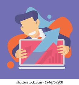 Abstract business man smiling greeting with successful on computer, growth target Success exceeds goals And growing up, Business concept illustration, flat vector illustration
