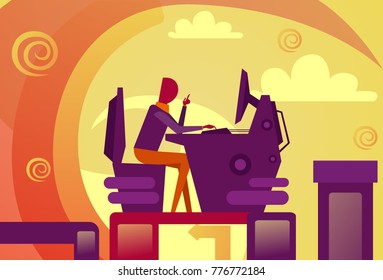 Resumen De Empresarios Que Trabajan En Computadoras De Escritorio Sentados En Lugar De Trabajo Ilustración Del Vector
