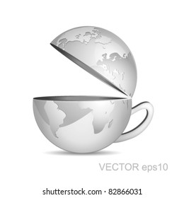 Abstract business map in shape of a glossy coffee cup globe against white background - corporate sign