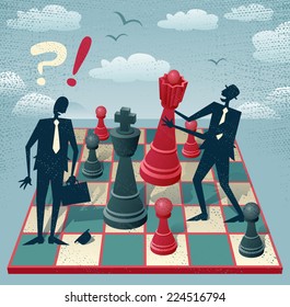 Abstract Business Men play a game of Chess.  Great illustration of Retro styled Business people playing a game of Chess on a huge Chessboard. 